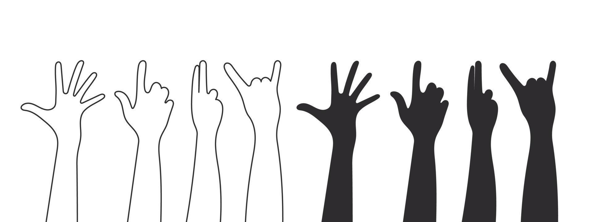 siluetas de gestos de mano. trabajo en equipo, colaboración, votación, concierto de voluntariado. ilustración vectorial vector