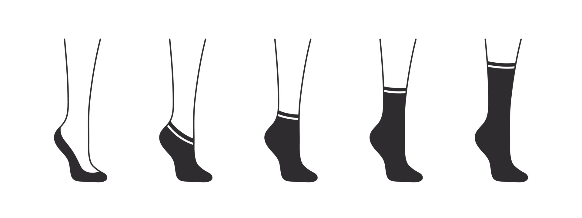 Types of socks. Set with various forms of socks. Garment icons. Vector ...