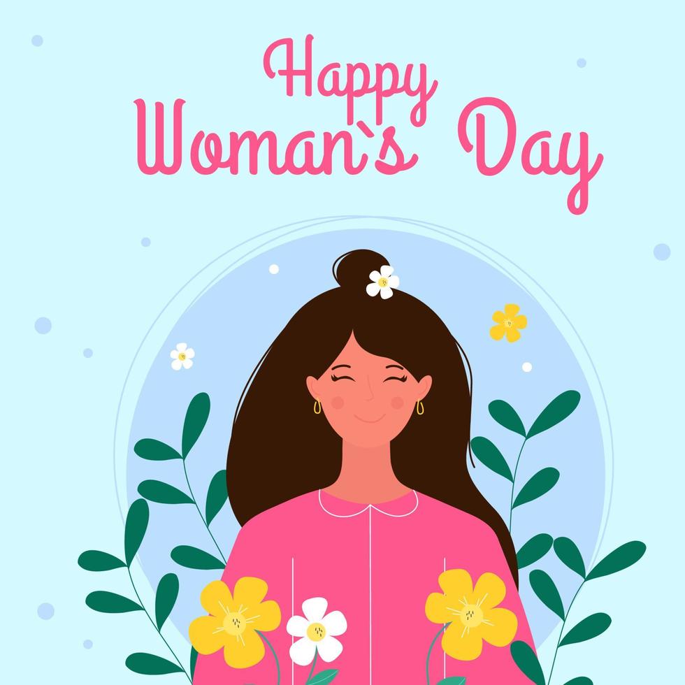 Happy women's day. Woman happy on the background with flowers vector