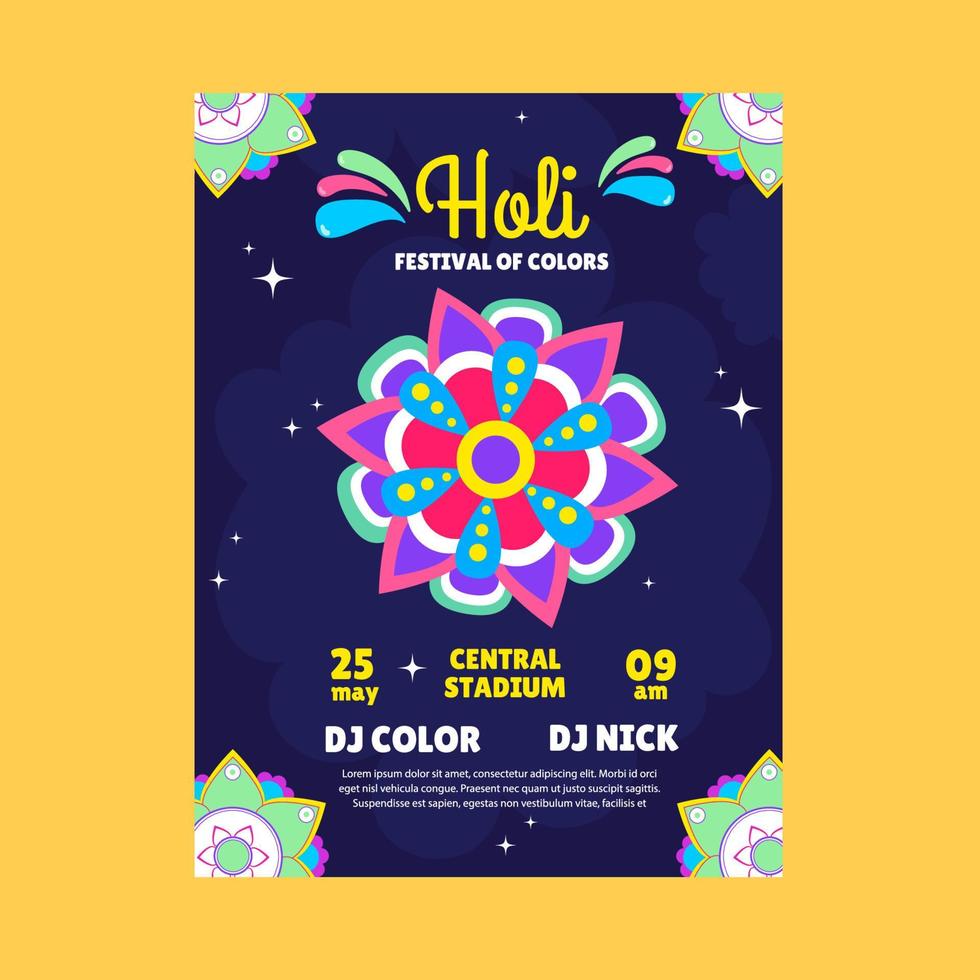 Poster, flyer Holi festival with paints, mandala. Vector