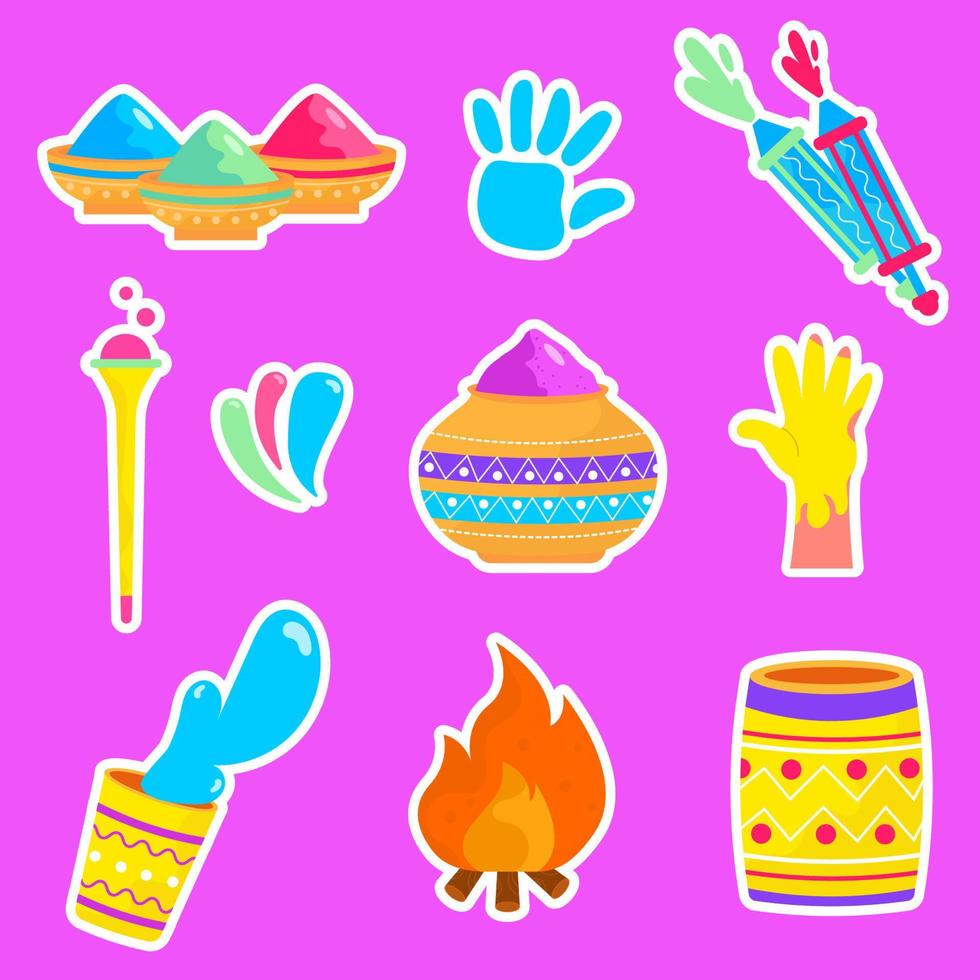 Set of sticker elements for Holi festival. Hand in paint, paint, powder, fire vector