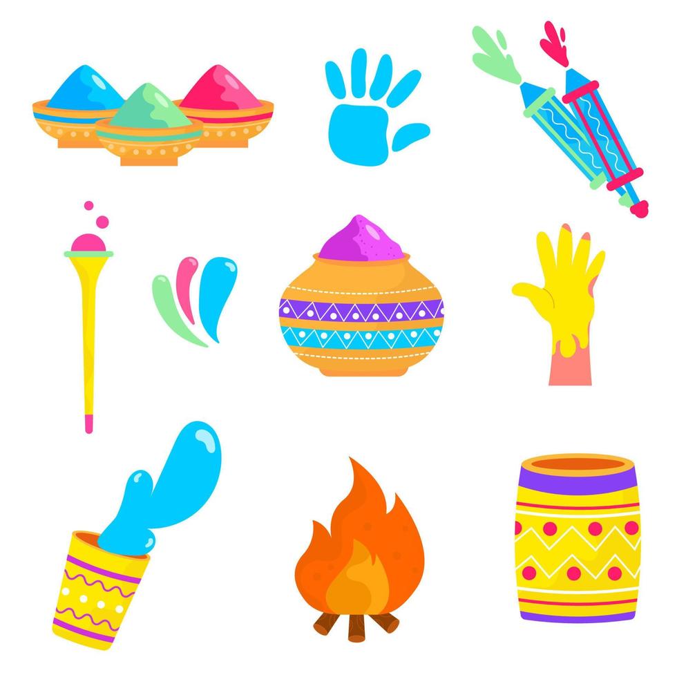 A set of elements for the Holi festival. Hand in paint, paint, powder, fire vector