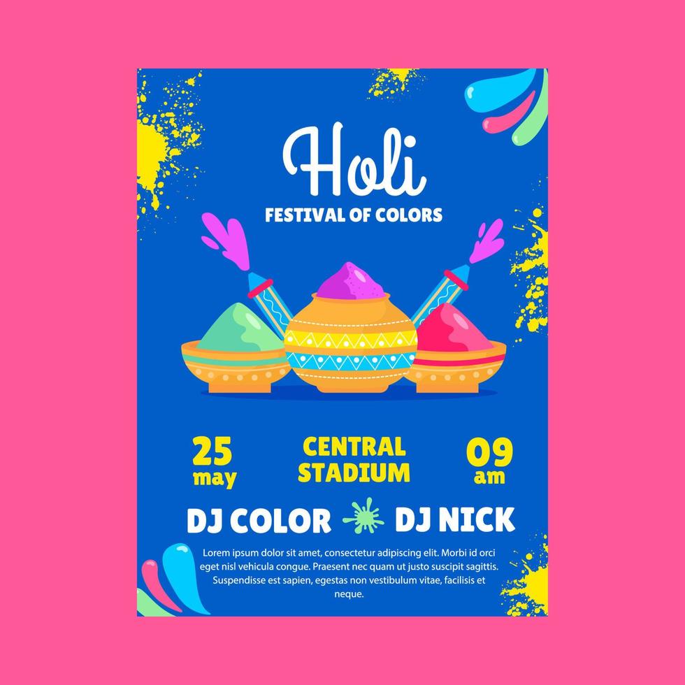 Holi festival poster with bright colors and powder. vector