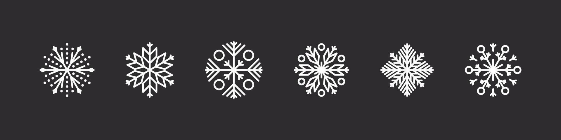 Snowflakes icon set. White snowflakes on a dark background. Xmas signs. Beautiful snowflakes signs. Vector illustration