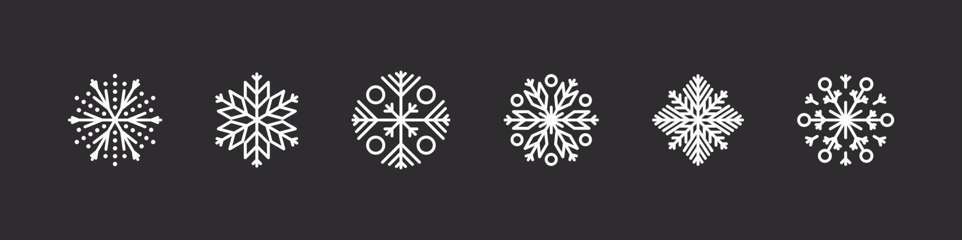Snowflakes icon set. White snowflakes on a dark background. Xmas signs. Beautiful snowflakes signs. Vector illustration