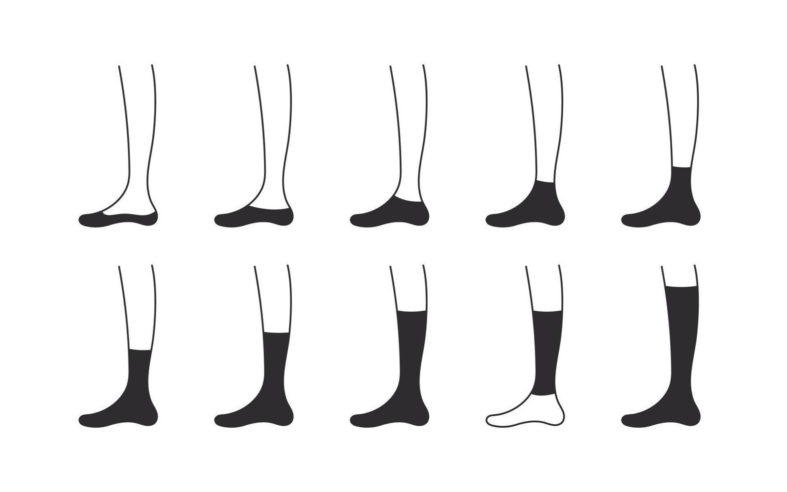 Types of socks icons. Black socks mockups. Set with various forms of socks. Garment icons. Vector illustration