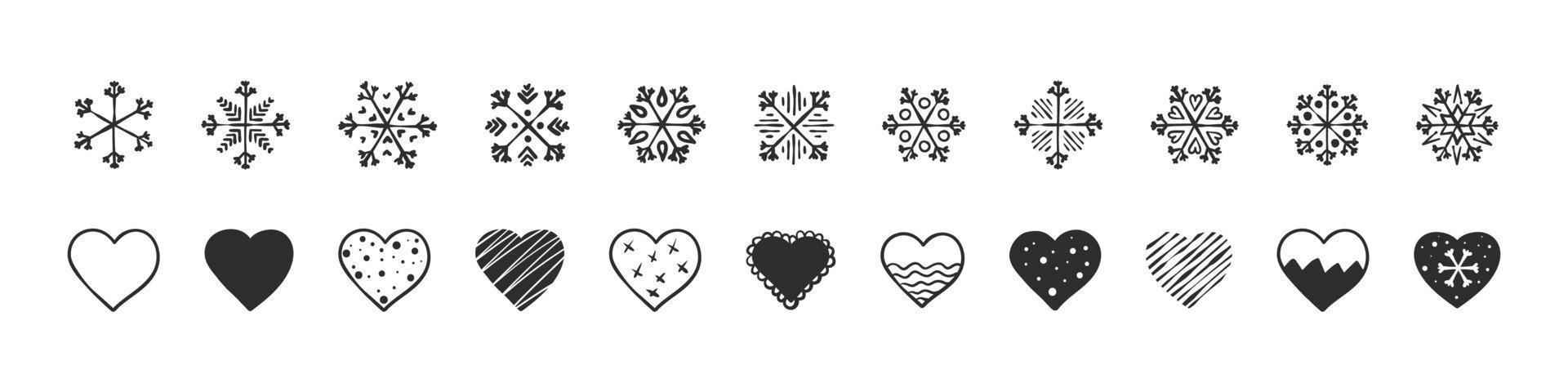 Snowflakes and hearts. Simple christmas icons. Christmas design elements. Xmas signs. Vector icons