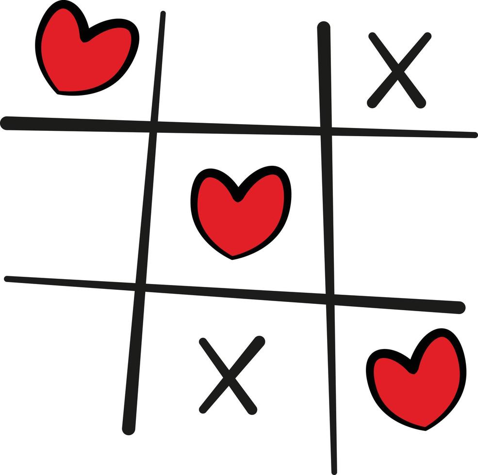 Game of tic tac toe line drawing with red hearts. Valentines day vector graphic. Game of love.