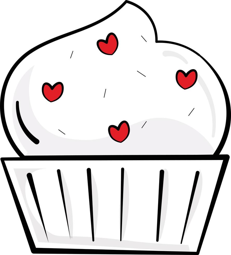 Cute cupcake line drawing with red hearts in frosting. Valentines day vector graphic.