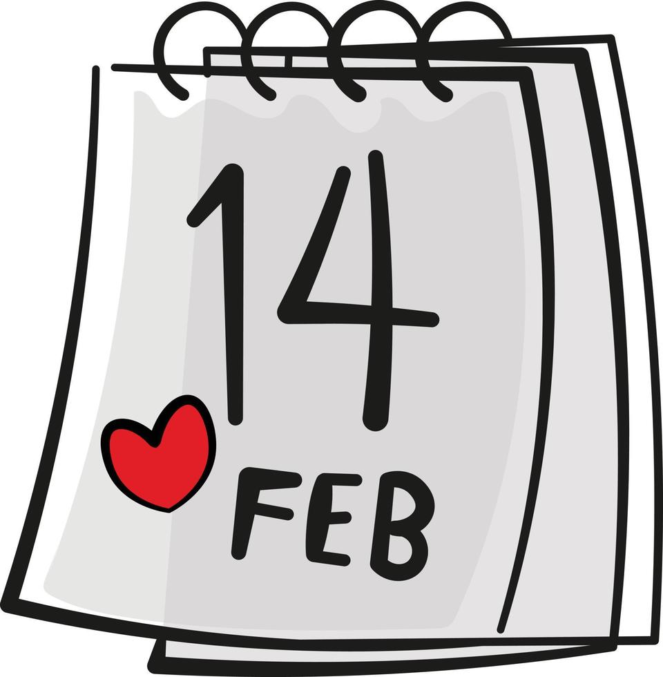 14th February calendar date line drawing with red heart. Valentines day vector graphic.