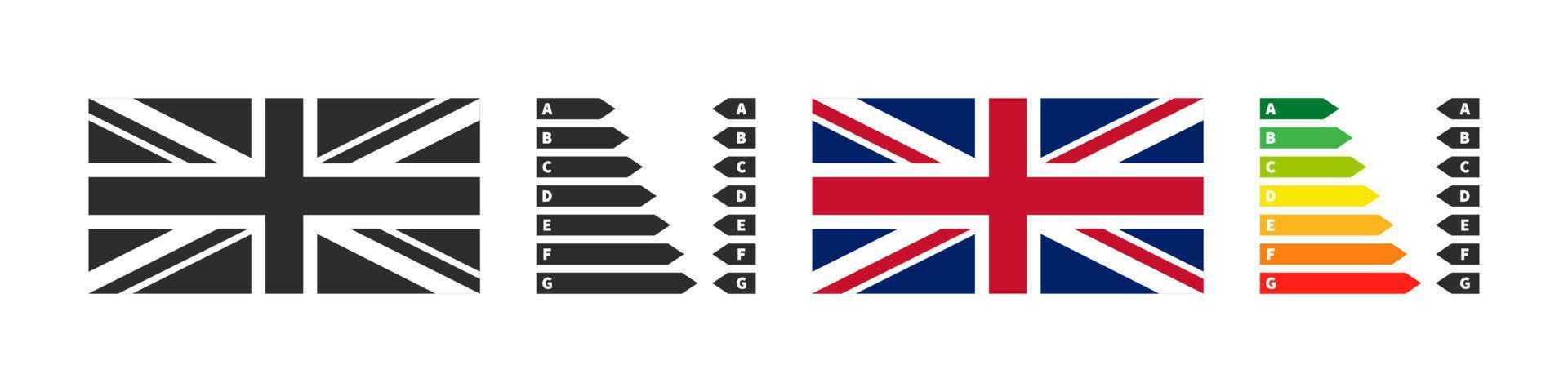 Energy efficiency badges of the UK. Energy rating chart arrows and flag. Vector illustration
