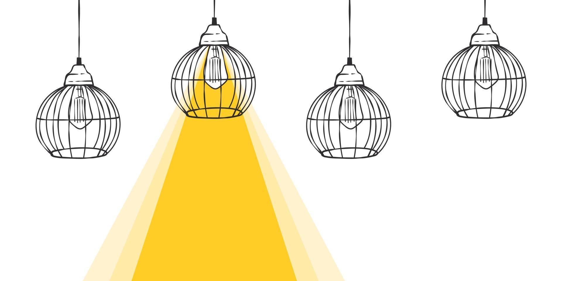 Beam of light banner. Loft lamps drawn by hand with a beam of light. Vector illustration