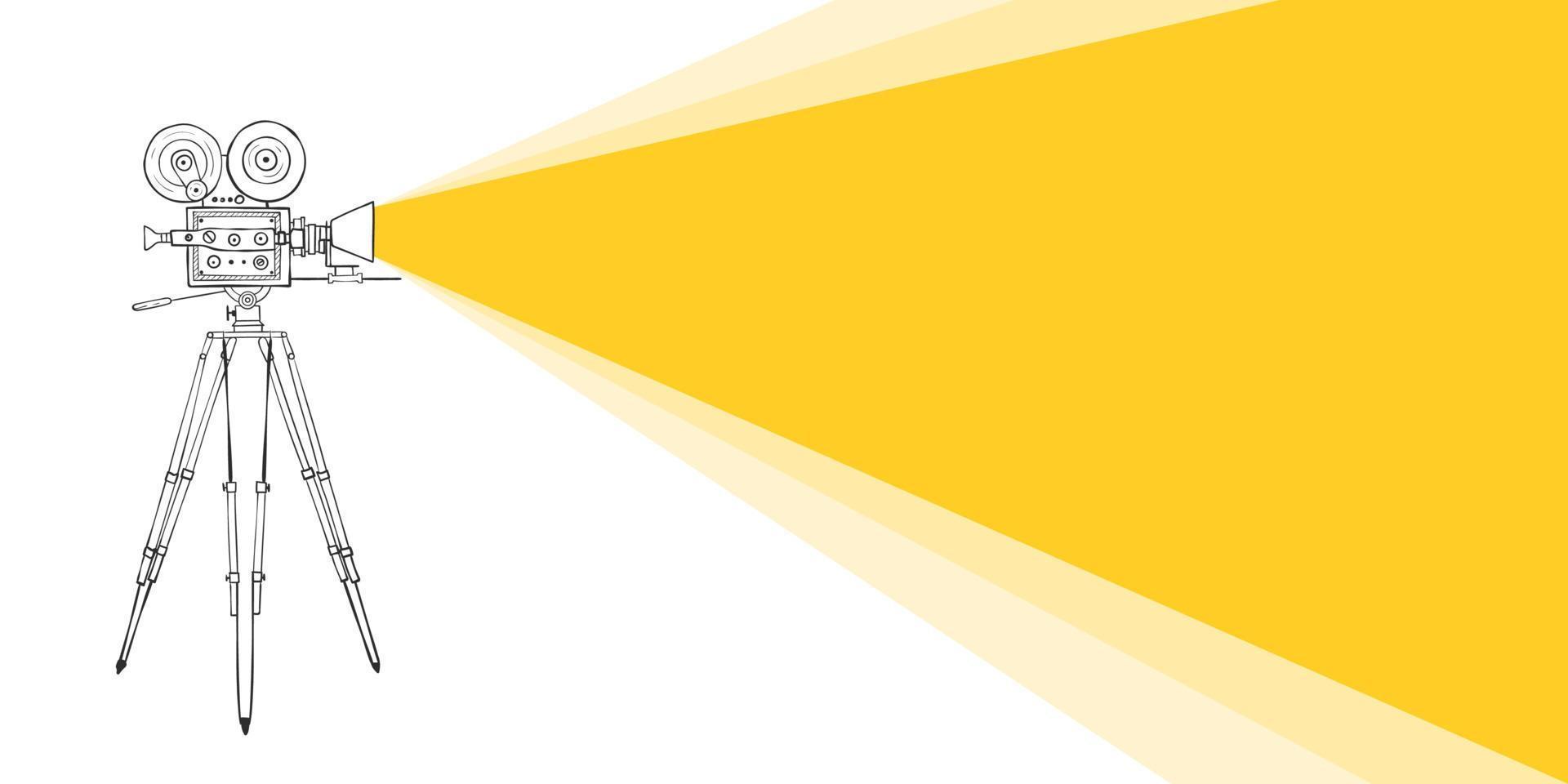 Beam of light. Retro video camera drawn by hand with a beam of light. Vector illustration
