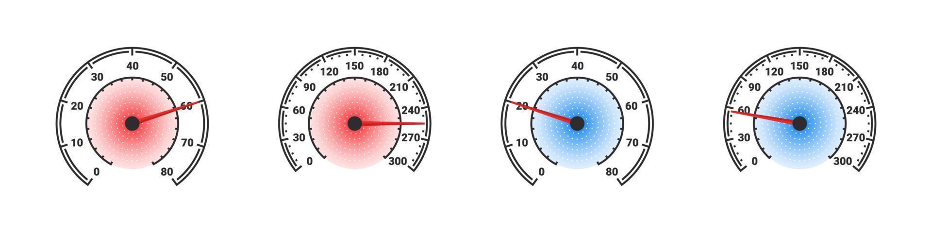 Speedometer with speed level scale. Speedometer and tachometer scales. Speed indicator sign. Vector illustration