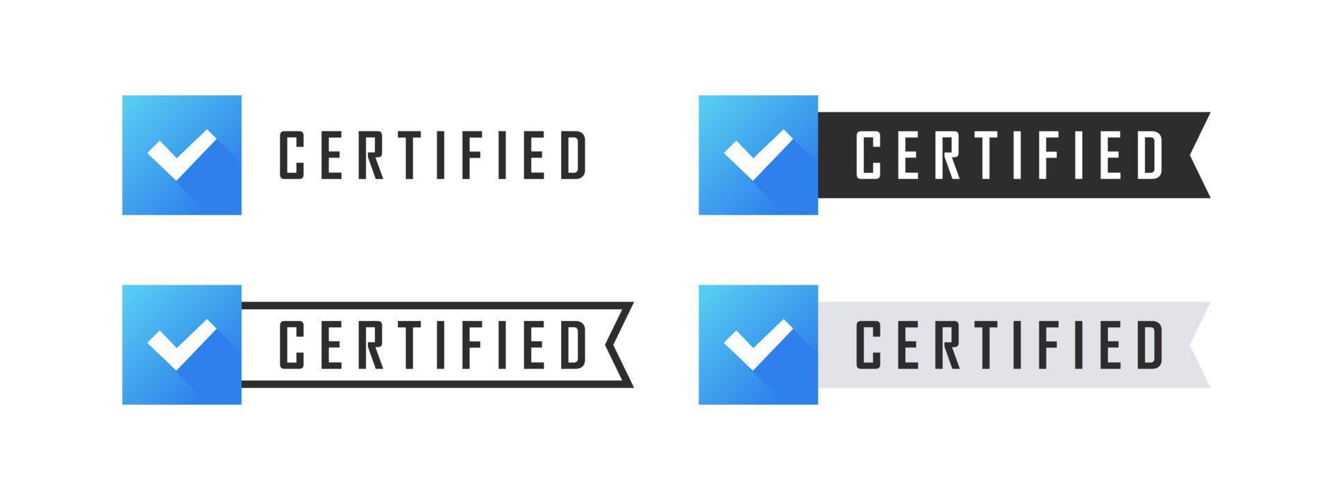 Certified check marks. Confirmation badges. Verification checkbox icons. Vector illustration