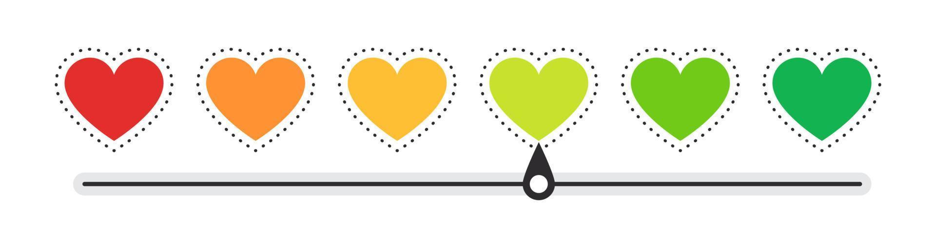 Hearts scale. Mood scale. Satisfaction indicator. Performance measurement client satisfaction. Vector illustration