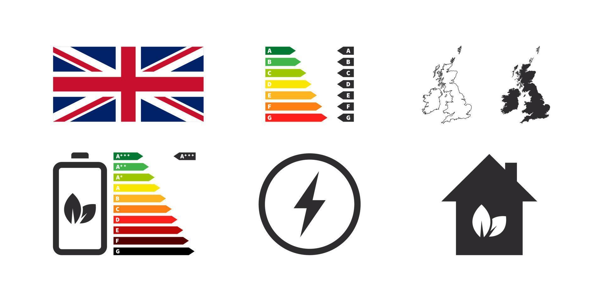 UK Energy Efficiency Badges. Energy Performance icons. Energy rating chart. Vector illustration