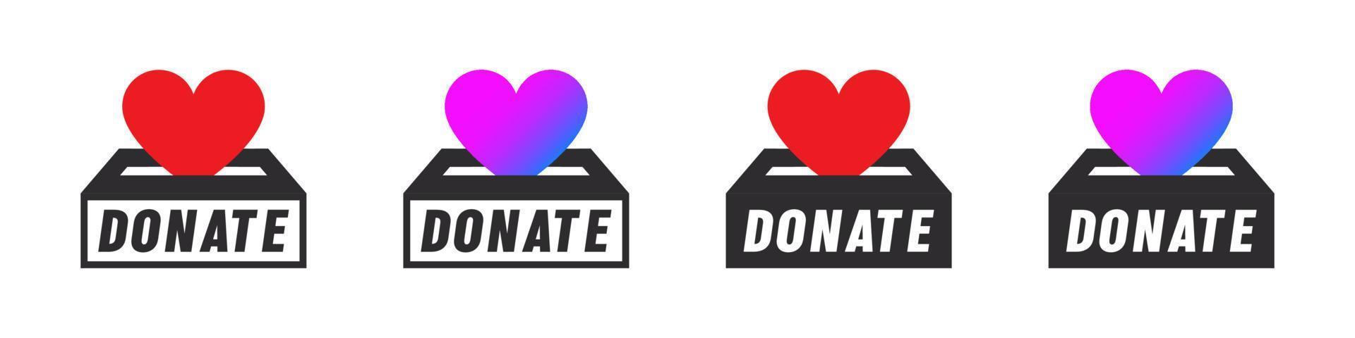 Charity concept. Donation box icons. Donation icon. Donate, giving money and love. Vector illustration