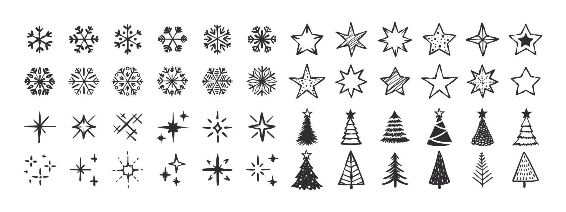 Icons of the Snowflake Tree and Stars. Simple christmas icons. Xmas signs. Vector icons