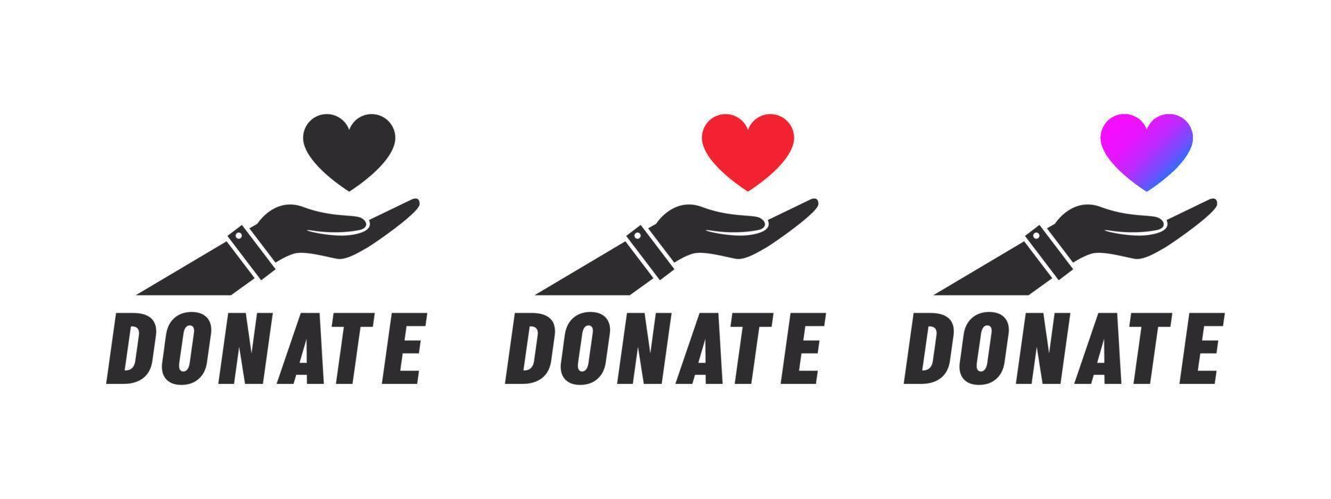 Charity icons. Heart in hand icons. Donation icon. Donate, giving money and love. Vector illustration