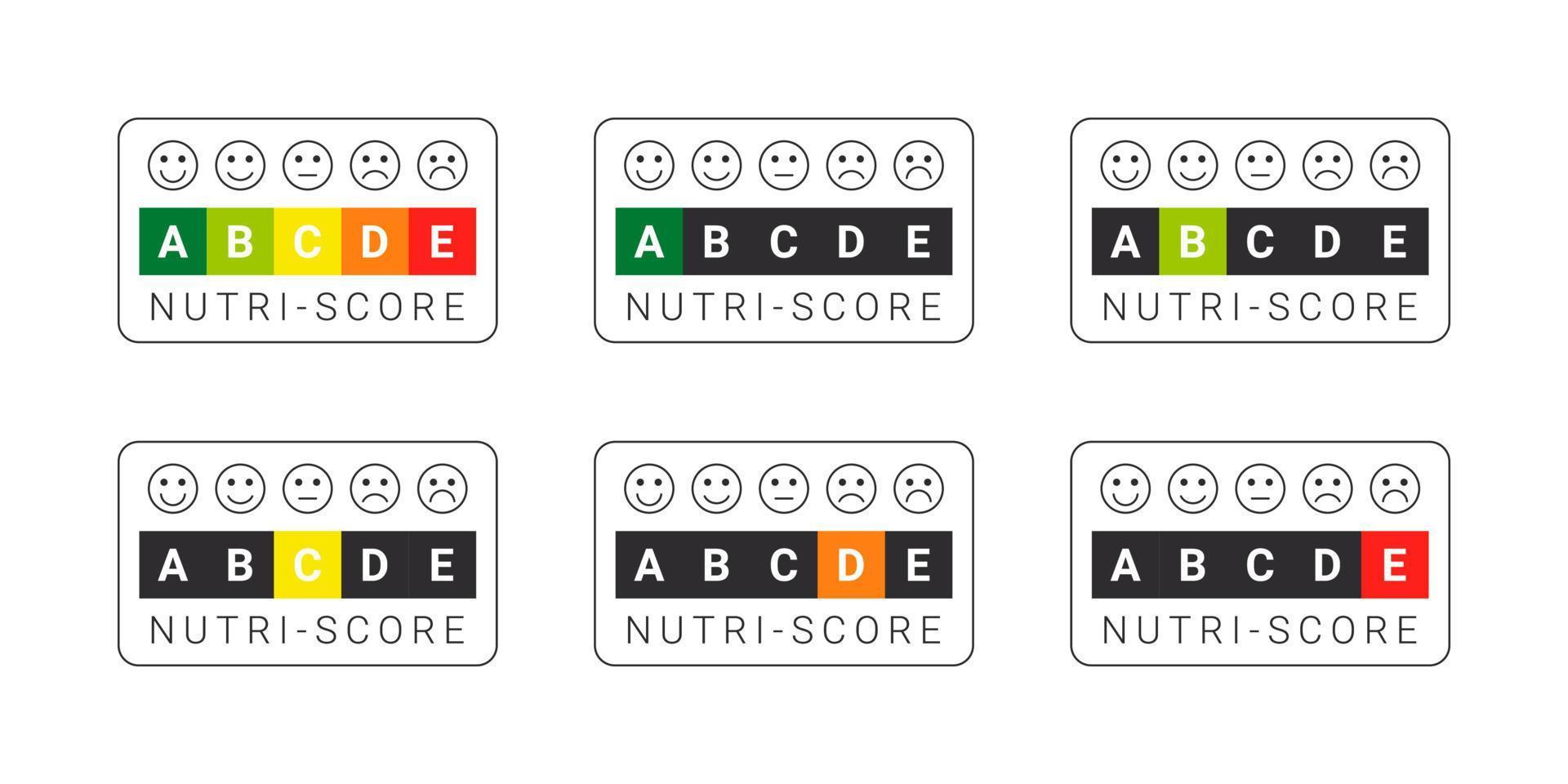 etiquetas nutri-score con emoticonos. signos del sistema de clasificación de alimentos. indicador de nutrición en el cuidado de la salud. pegatinas de puntuación nutricional. ilustración vectorial vector
