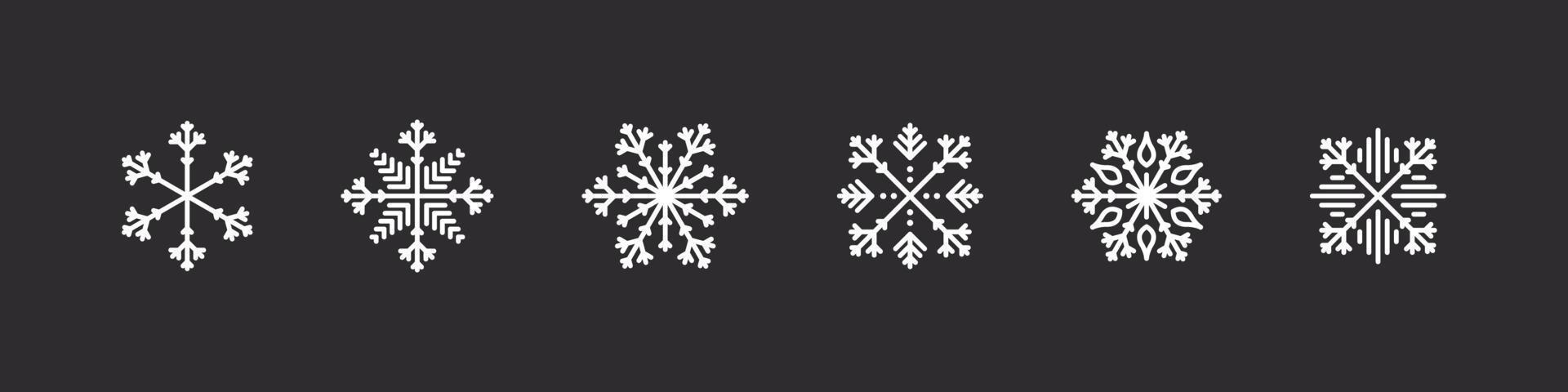 Snowflakes icons. White snowflakes on a dark background. Xmas signs. Collection of high quality snowflakes. Vector illustration