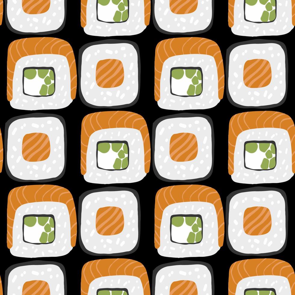 patrón sin costuras con variación de sushi roll set ilustración sobre fondo negro vector