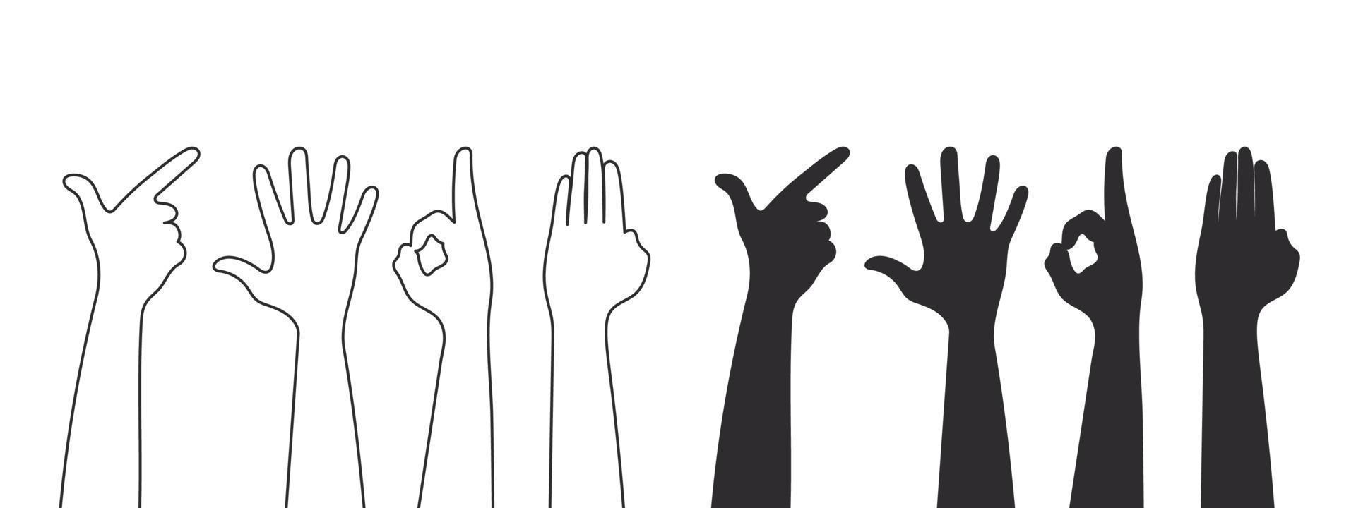 Hand gesture silhouettes. Teamwork hands, collaboration, voting hands. Vector illustration