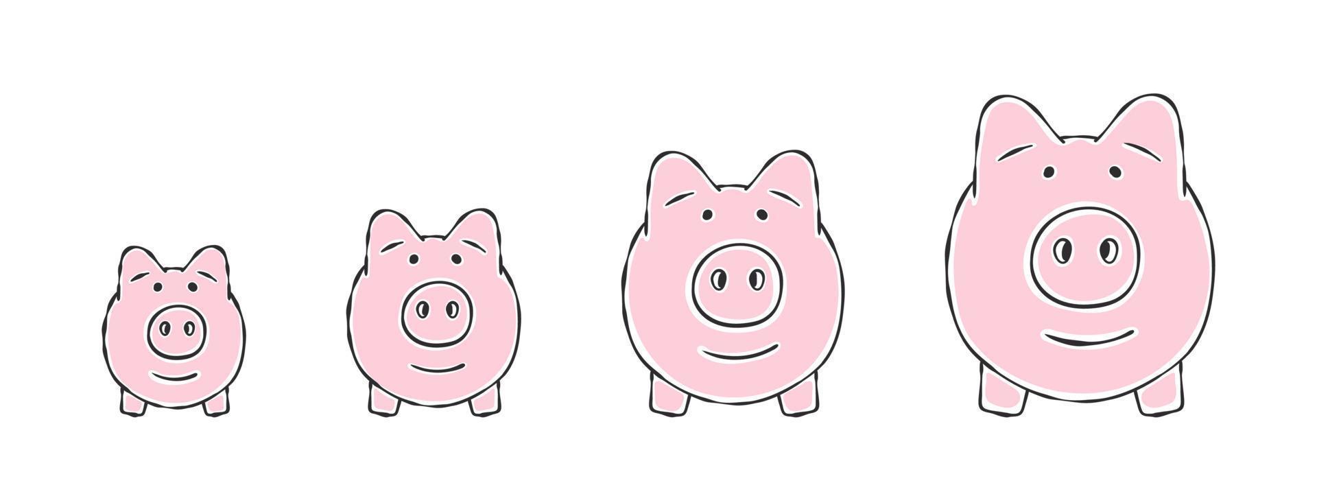 Piggy banks. Piggy banks from small to large. Hand drawn image. Vector illustration