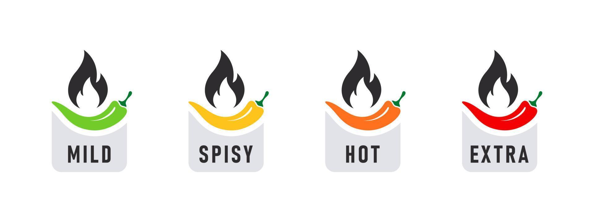 Spicy levels. Hot natural chili pepper icons. Spicy and hot. Vector illustration