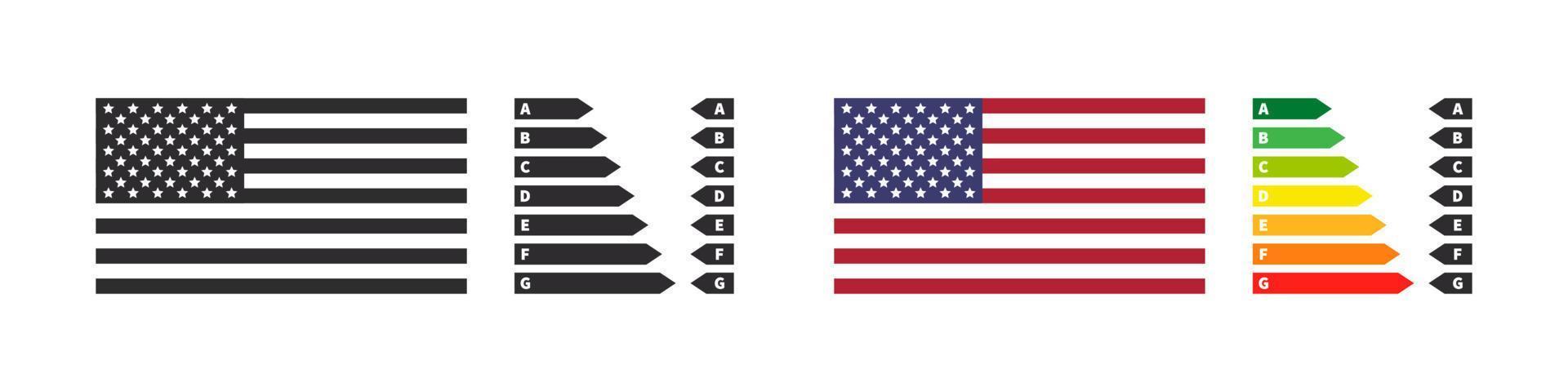 Energy efficiency badges of the USA. Energy rating chart arrows and flag. Vector illustration