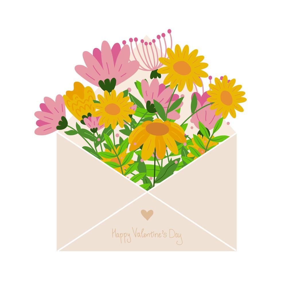 Valentine's Day illustration design with an open envelope, pink and yellow flowers with green leaves on a beige background. Congratulations on Valentine's Day. vector