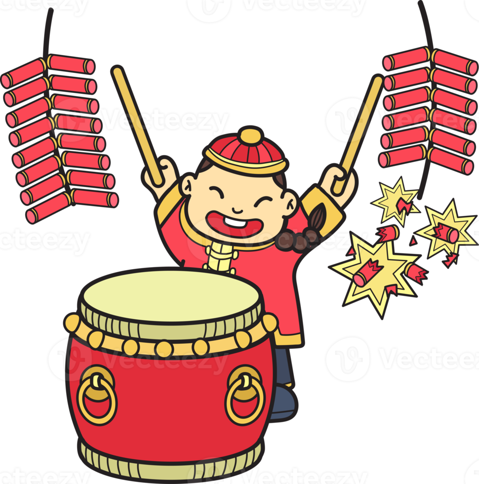 Hand Drawn Chinese boy playing drums illustration png