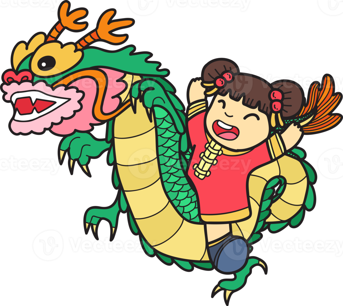 dragon chinois dessiné à la main et illustration de fille chinoise png