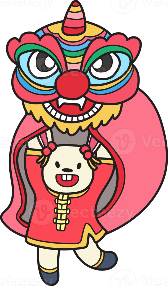 Hand Drawn Chinese lion dancing with a rabbit illustration png