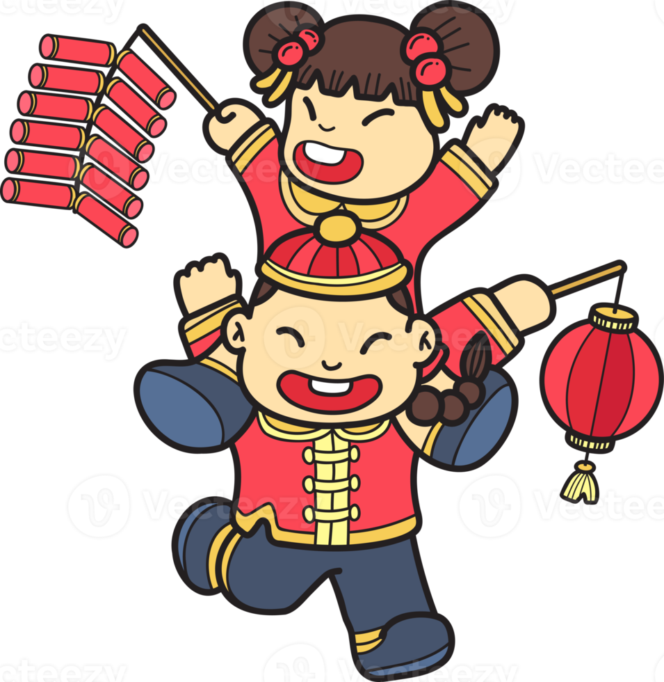 Hand Drawn Chinese children with firecrackers and lanterns illustration png