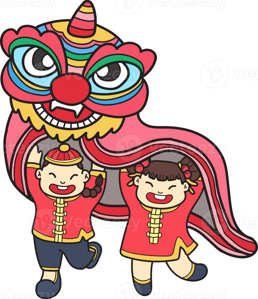 hand- getrokken Chinese leeuw dansen met Chinese kinderen illustratie png