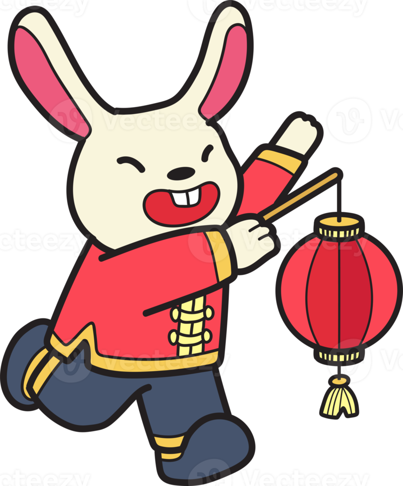 lapin chinois dessiné à la main avec illustration de lanterne png