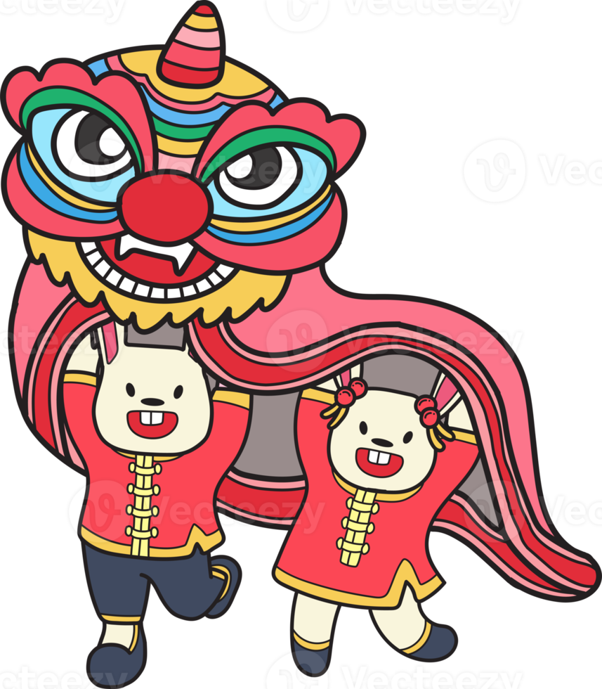 Hand Drawn Chinese lion dancing with a rabbit illustration png