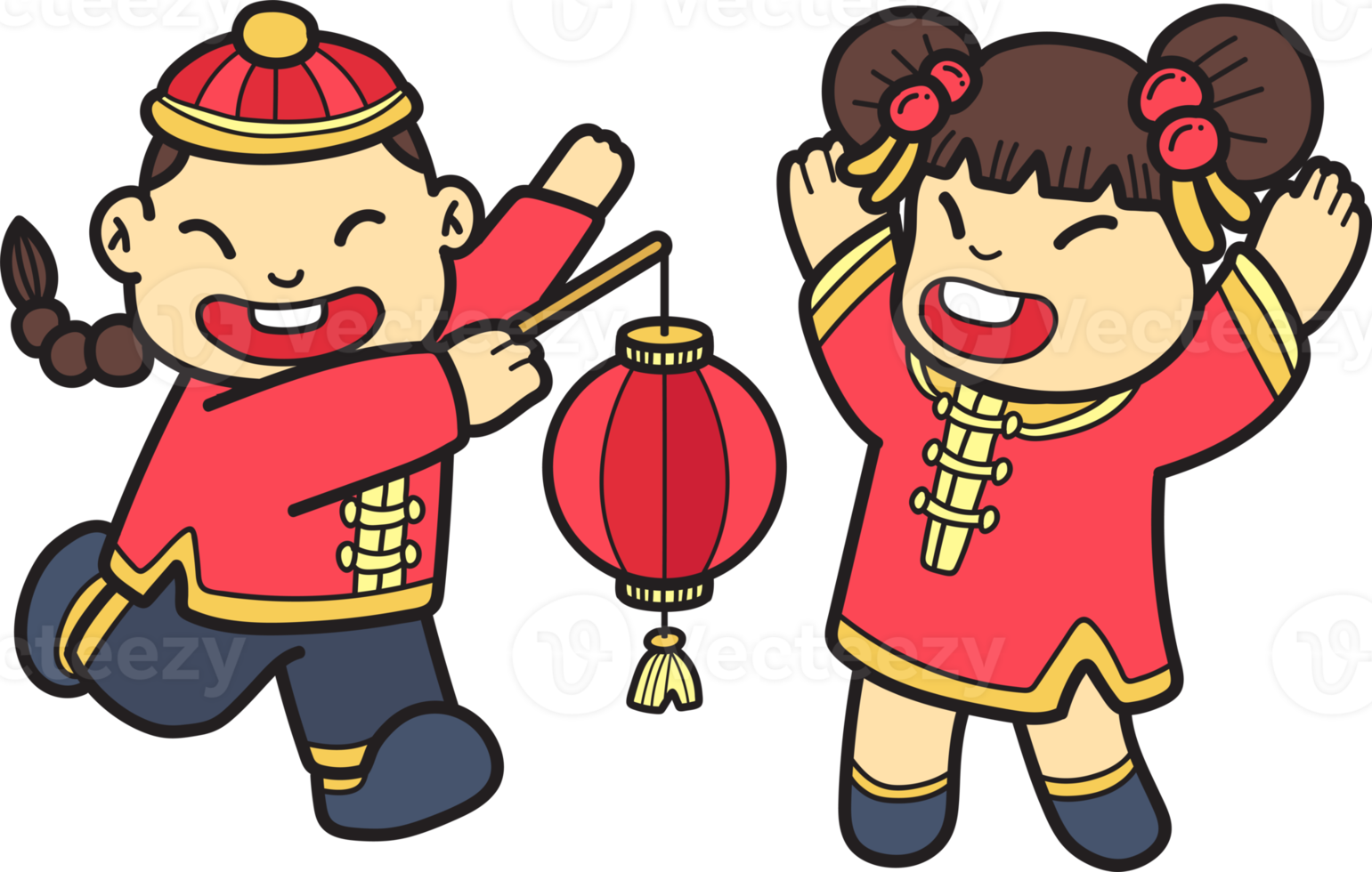 Hand Drawn Chinese boy with lantern and Chinese girl illustration png