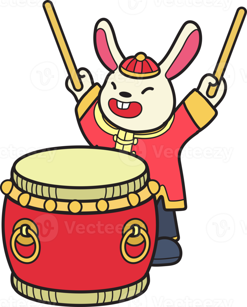 Hand Drawn Chinese rabbit with drum illustration png