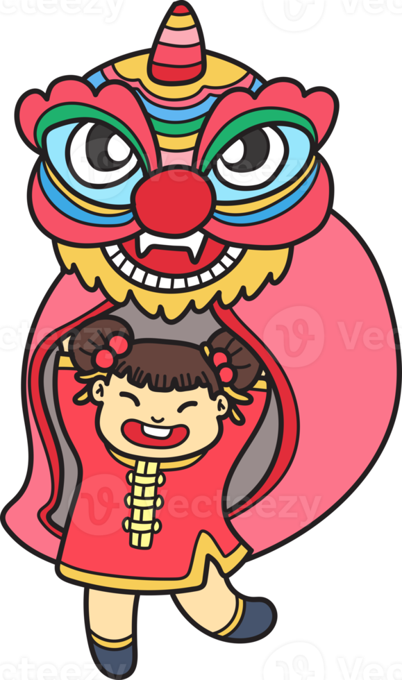Hand Drawn chinese lion dance with chinese girl illustration png