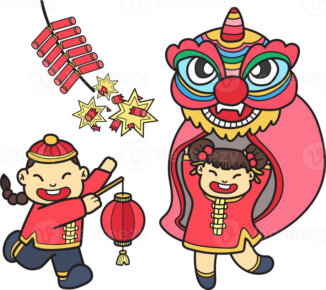Hand Drawn Chinese lion dancing with firecrackers illustration png