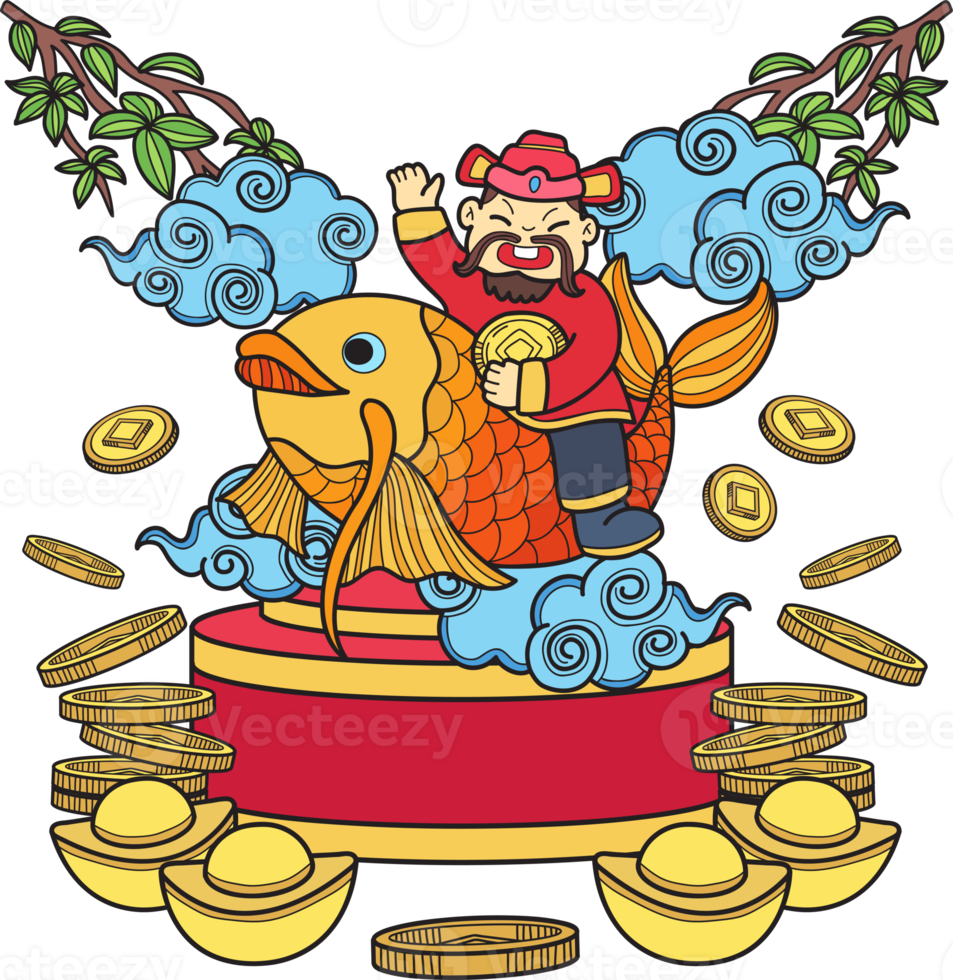 dibujado a mano dios de la riqueza china y koi ilustración png