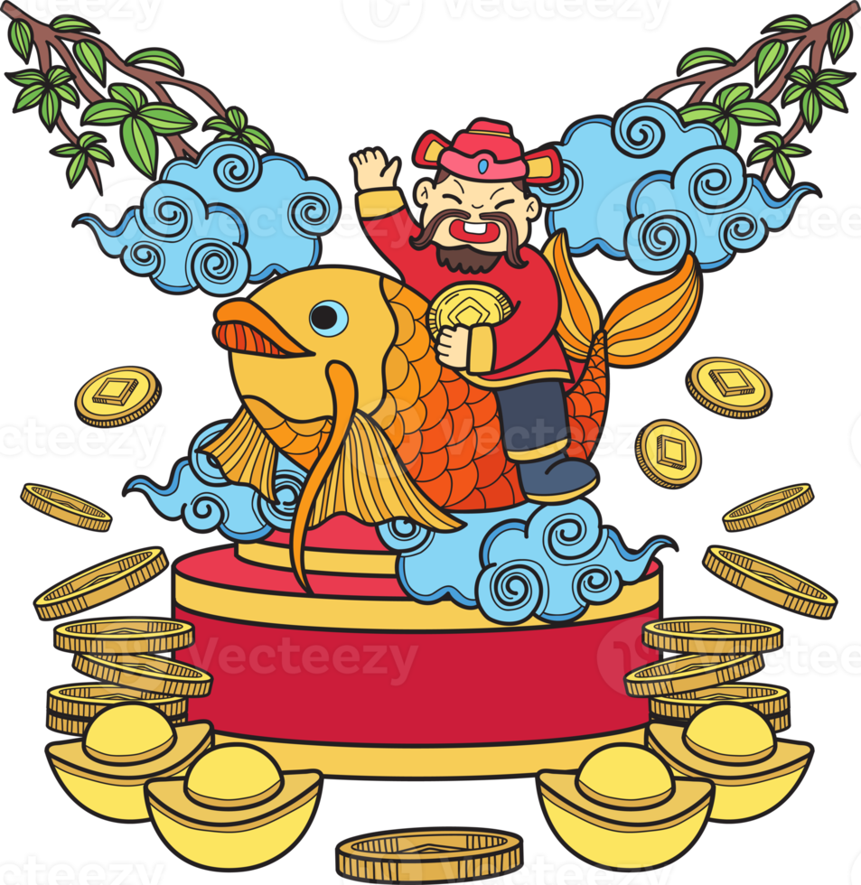 hand gezeichneter chinesischer reichsgott und koi-illustration png