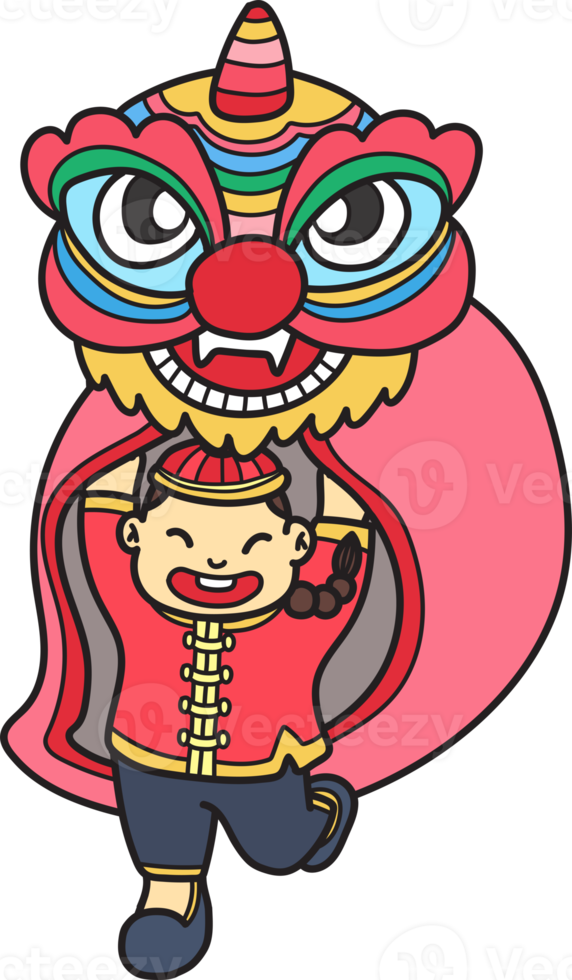 Hand Drawn Chinese lion dancing with Chinese boys illustration png