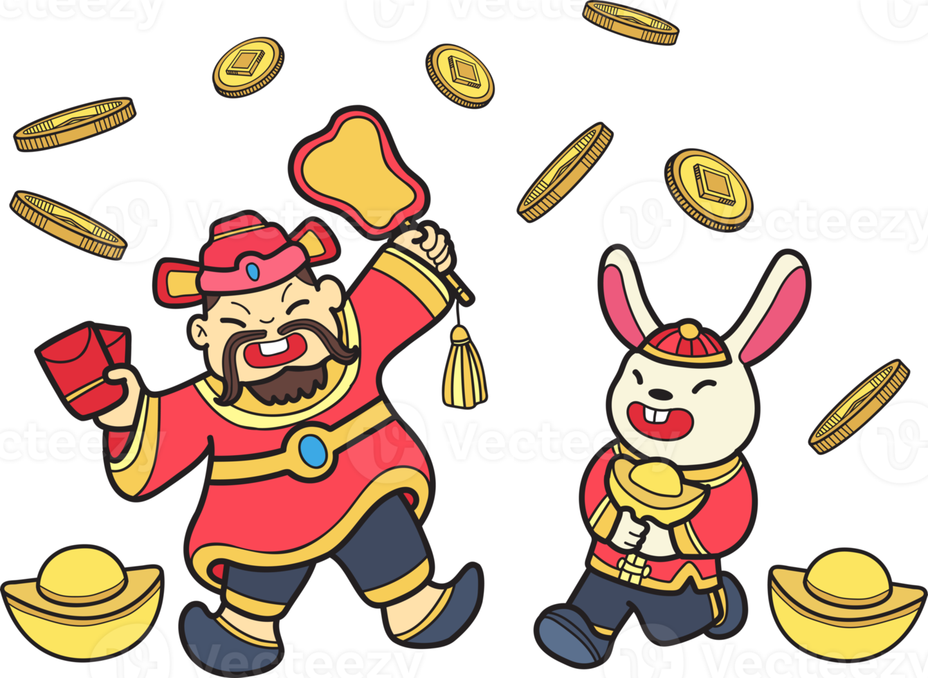 Hand Drawn Chinese Wealth God and Rabbit illustration png