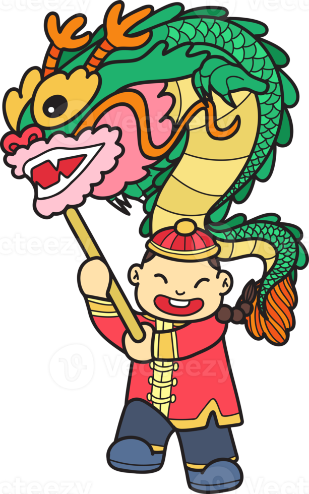 Hand Drawn Chinese boy dancing dragon illustration png