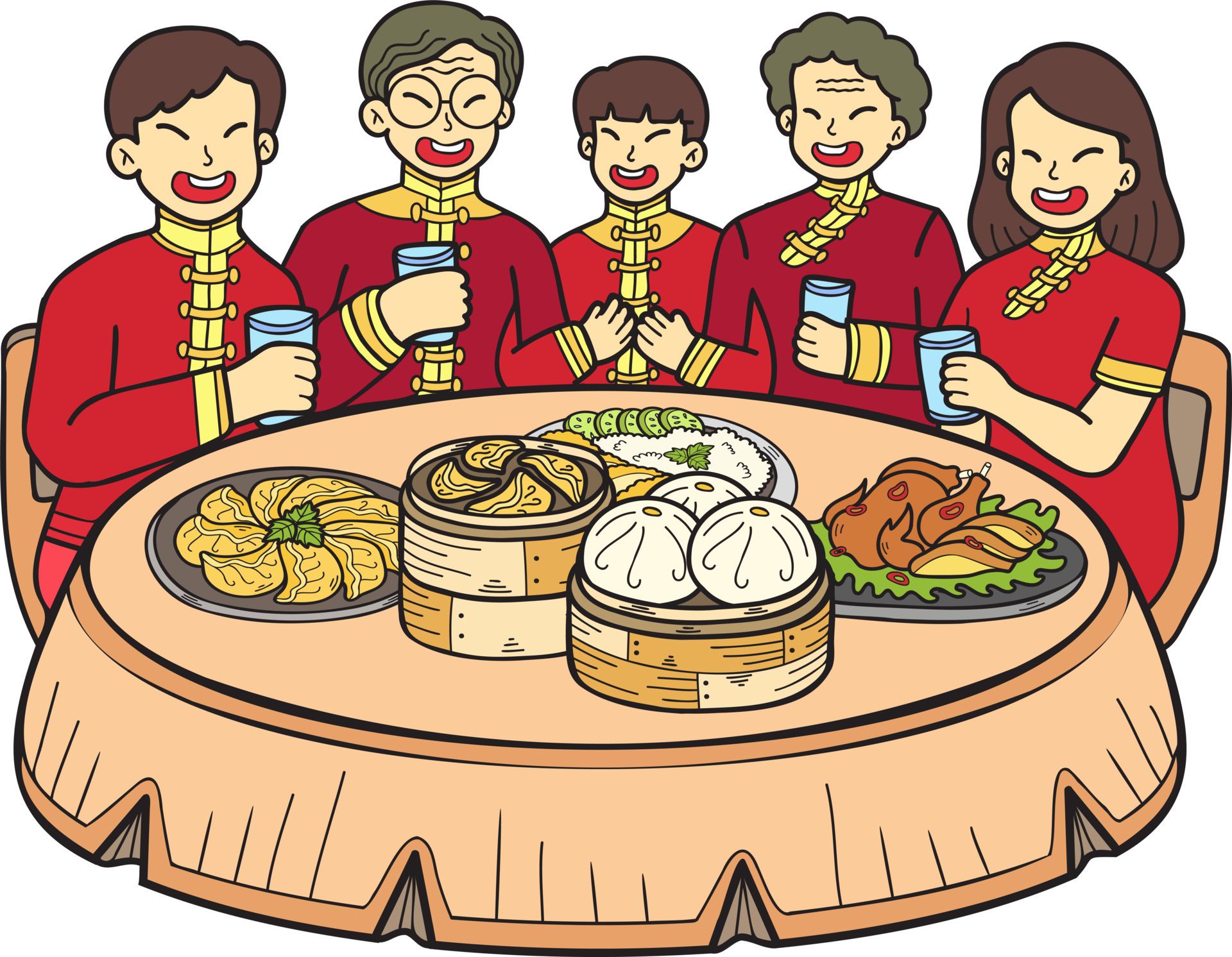 Hand Drawn Chinese family with Chinese food table illustration 17182130 PNG