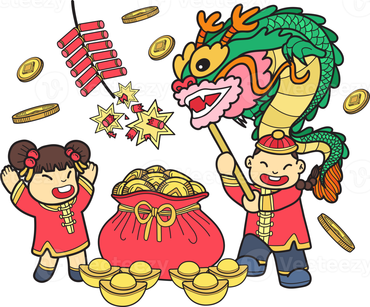 Hand Drawn Chinese boy dancing dragon with money bag and girl illustration png